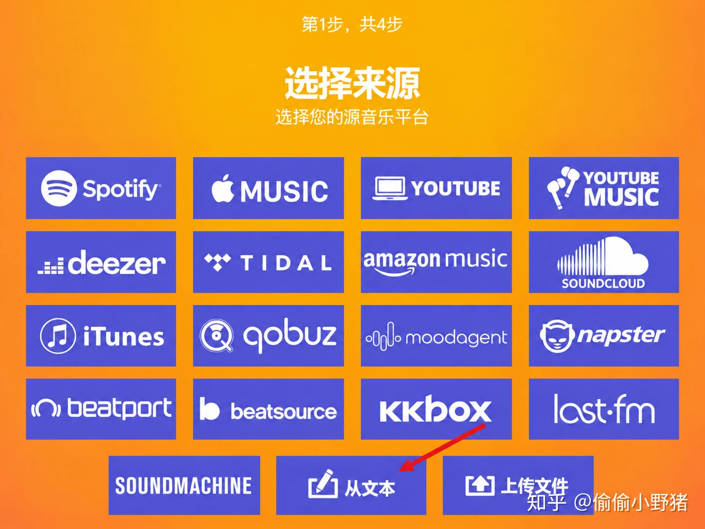 TuneMyMusic 來源選擇頁中的文字匯入入口。